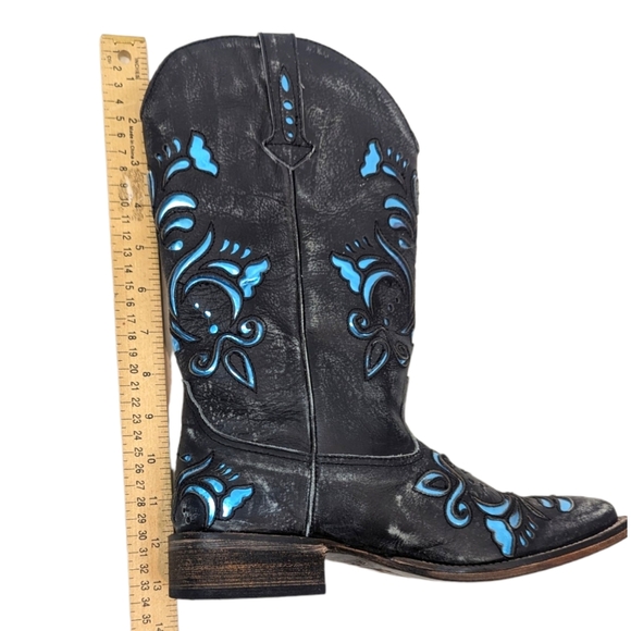 Roper Leather Cutout Western Boots Womens 7 Cowboy Distress Black Blue Metallic - Picture 3 of 13